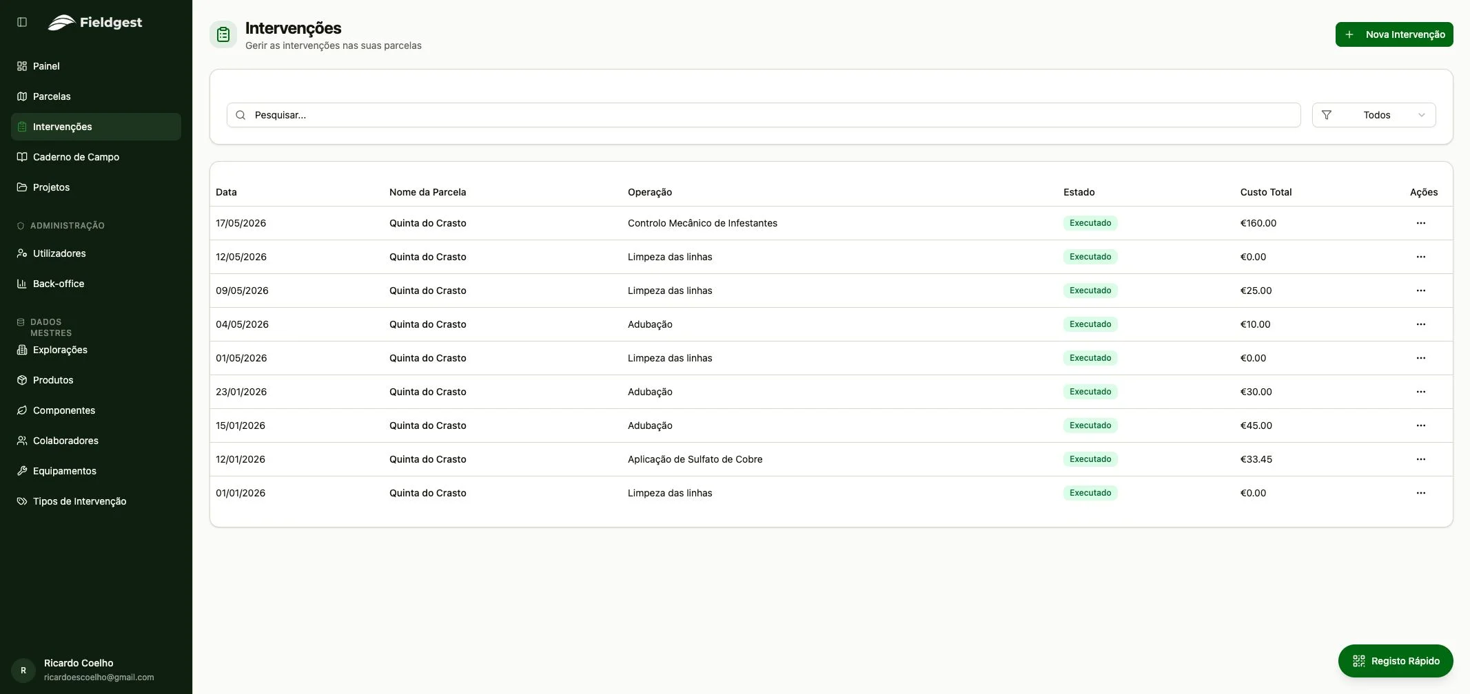 Lista de intervenções no FieldGest com datas, parcelas e custos